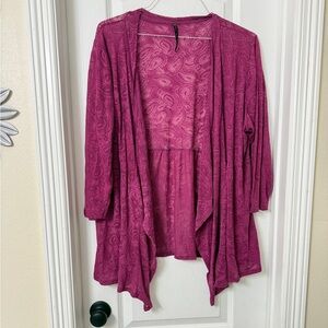 Kristin Marie Plus Magenta Pink Paisley Open Front Cardigan Sheer Size 2X